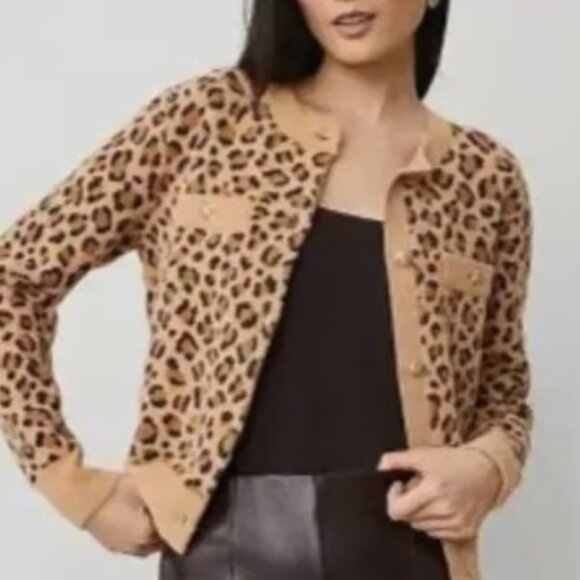 ANN TAYLOR LEOPARD ANIMAL GOLD BUTTON SUPER SOFT CARDIGAN SWEATER JACKET S - Picture 1 of 6